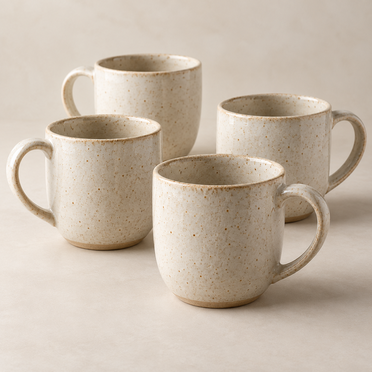 Cream ceramic mugs arranged on a neutral surface